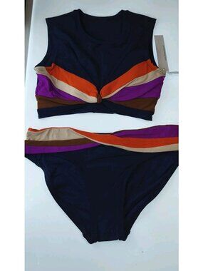 NWT Robin Piccone Bikini Set M Navy Colorblock Twist Knot Top Orange Purple